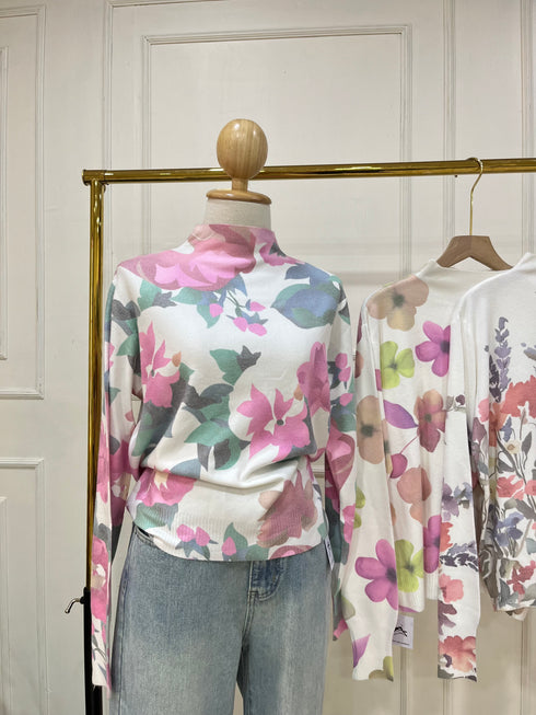 Women High Neck Floral Printed Knitted Pullover